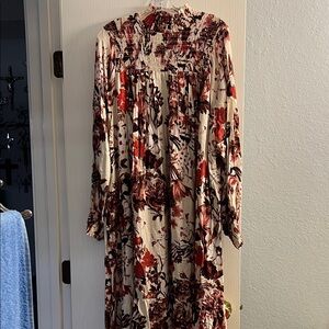 H&M Cream Long-Sleeve Smocked Floral Midi Dress with Red & Brown Print